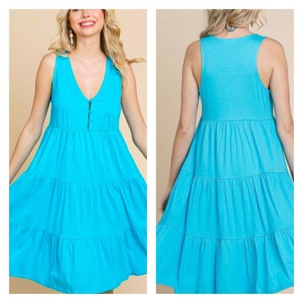 Culture Code Women's Tiered Button‎ Front Racerback Midi Dress Blue Size 2X NWT